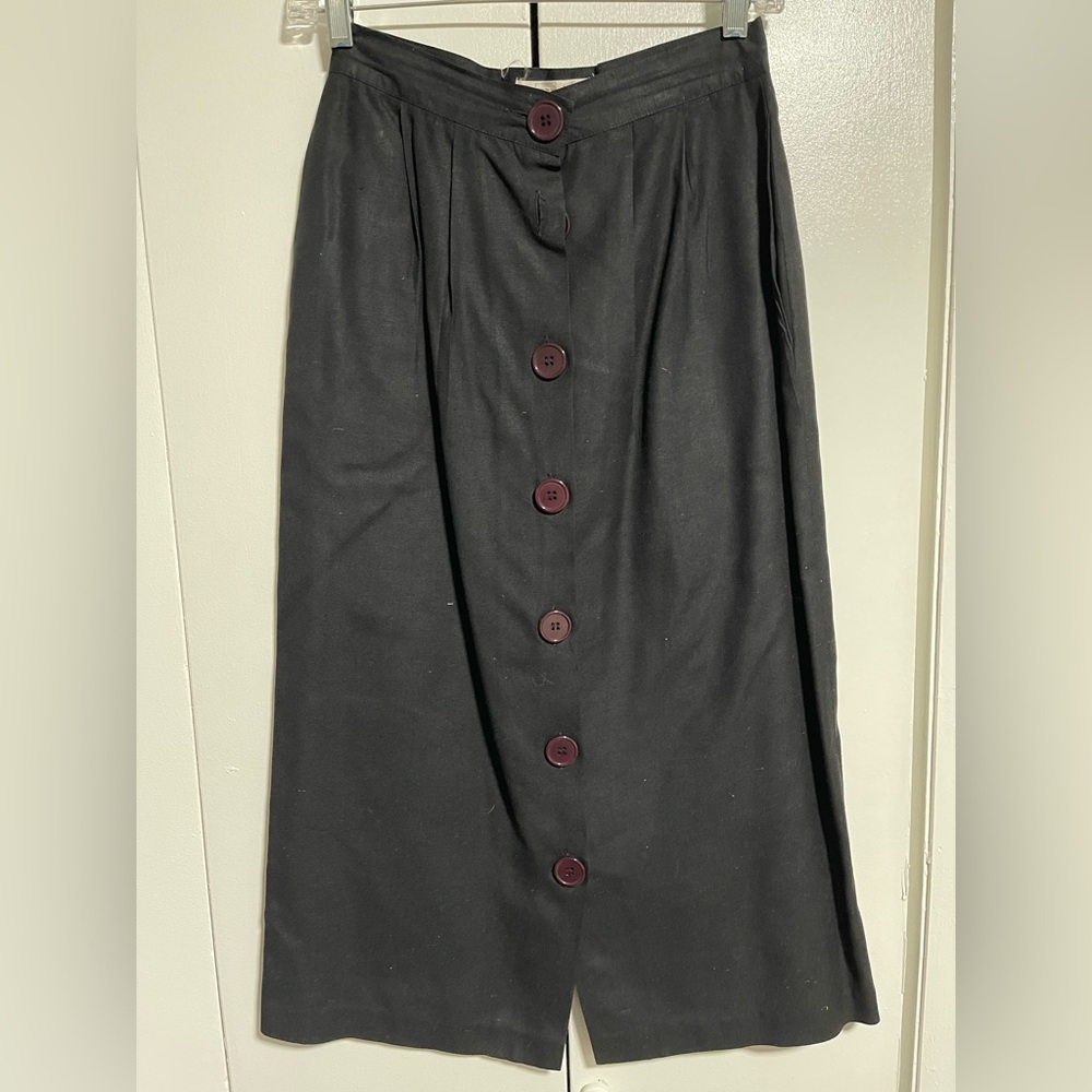 Vintage 80s Peggy Jennings Black A-Line Skirt with Maroon Buttons